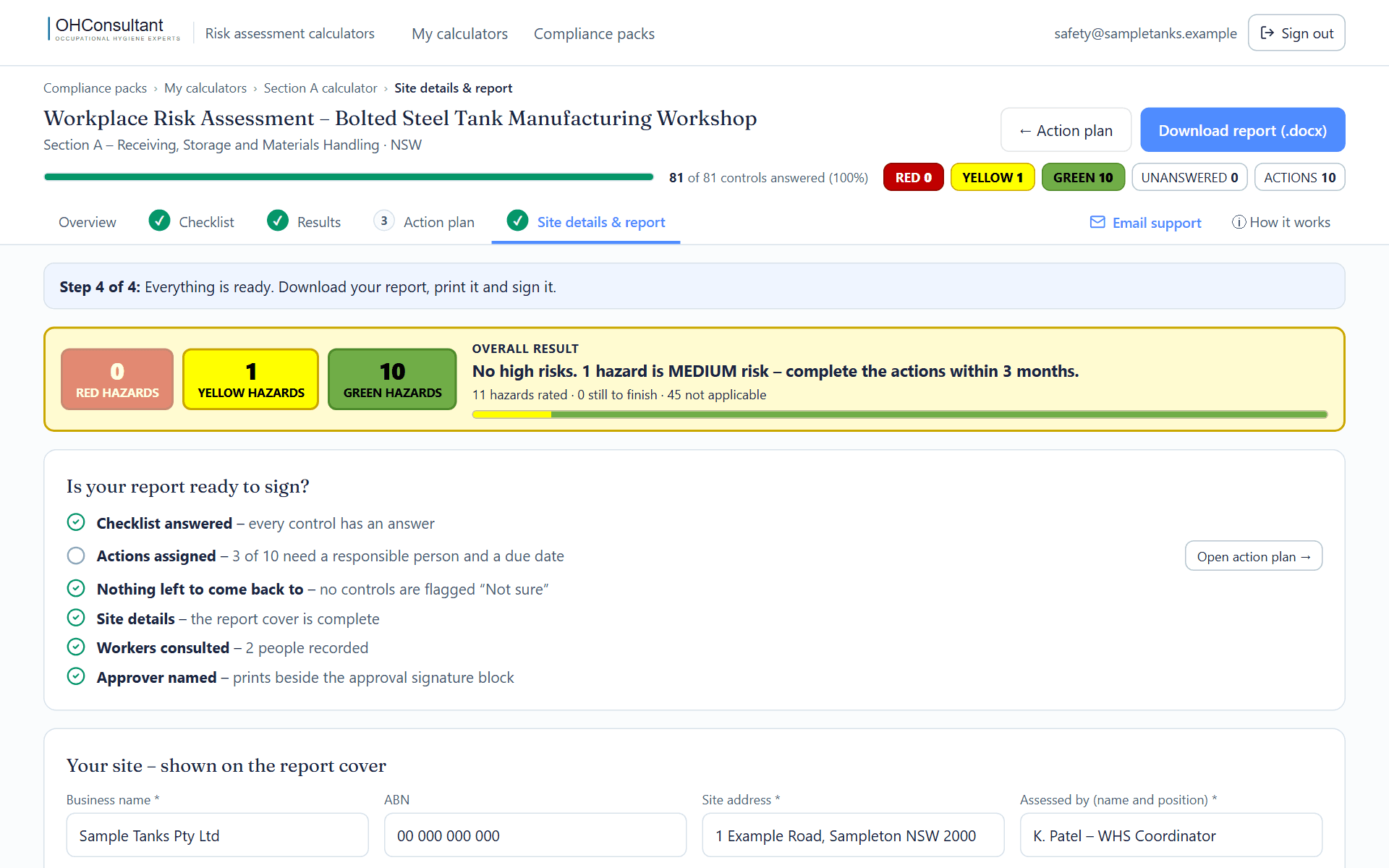 The final step: a readiness checklist, the site details form and the button to download the report.